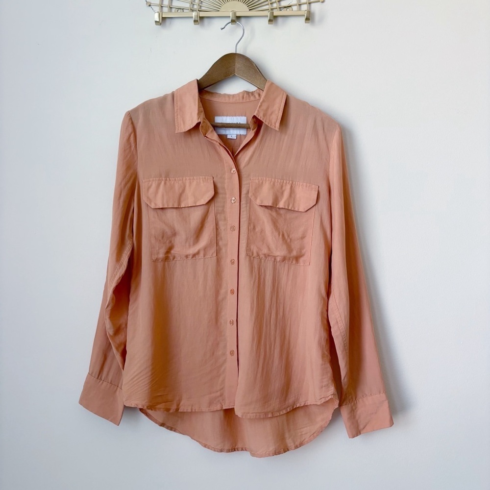 The Shirt Rochelle Behrens Shimmery Light Orange Button Down Large Quiet Luxury